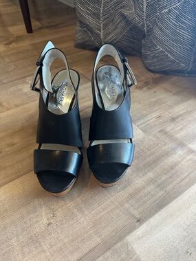 Michael Kors Black Leather Wedge Slingback Sandals with Tan Platform